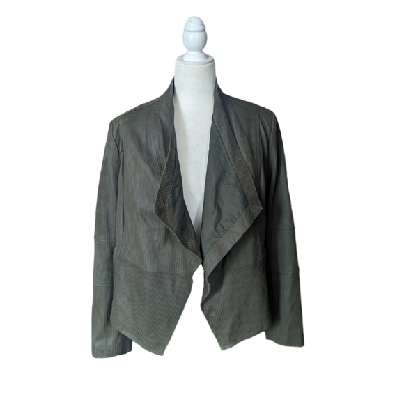 Leather Suede Open Front Waterfall Textured Olive Green Jacket Sz 14 - Picture 3 of 11